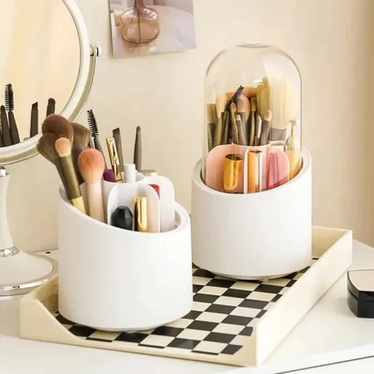 Makeup Brush Holder Organizer With Lid 360° Rotating Dustproof Printed Hard Box For Neat And Stylish Storage